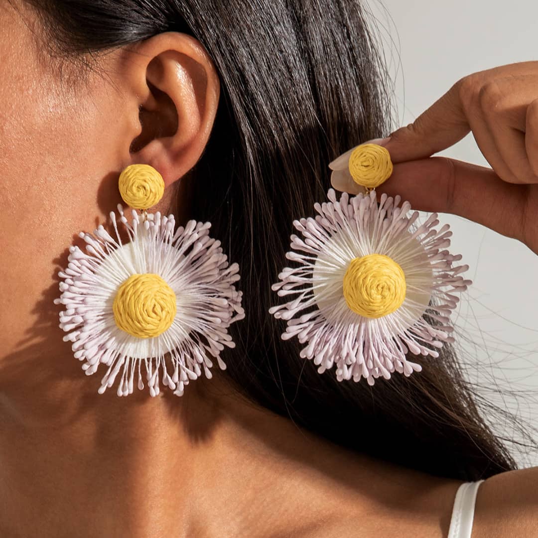 Purple Raffia Sunburst Flower Drop Earrings