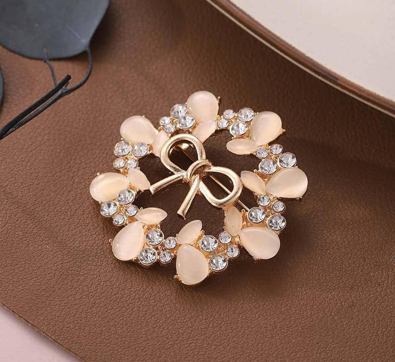 Cream Opal Crystal Wreath Bow Brooch