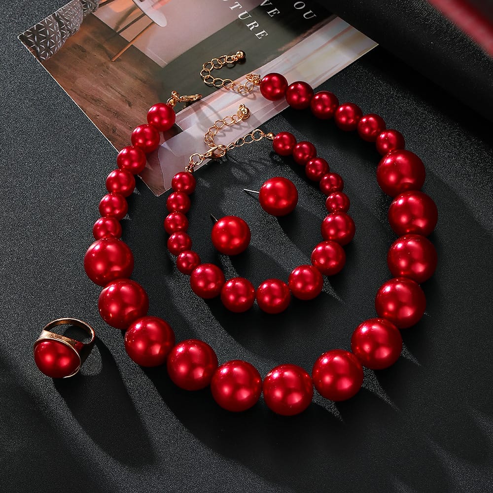 Red Pearl Statement Set (Necklace, Bracelet, Earrings, Ring)
