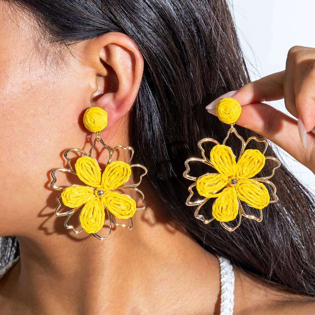 Yellow Raffia Flower Drop Earrings